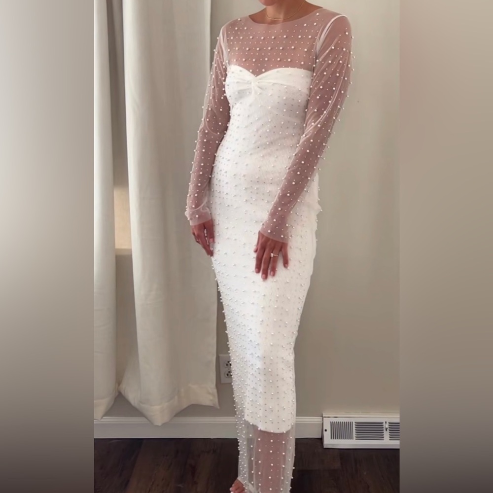 Sheer Rhinestone See-Thru Long Maxi Dress Bridal Outfit